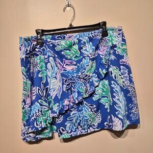 IBKUL Nessa Floral Blue Green Faux Ruffle Skort XL Leaf Pattern